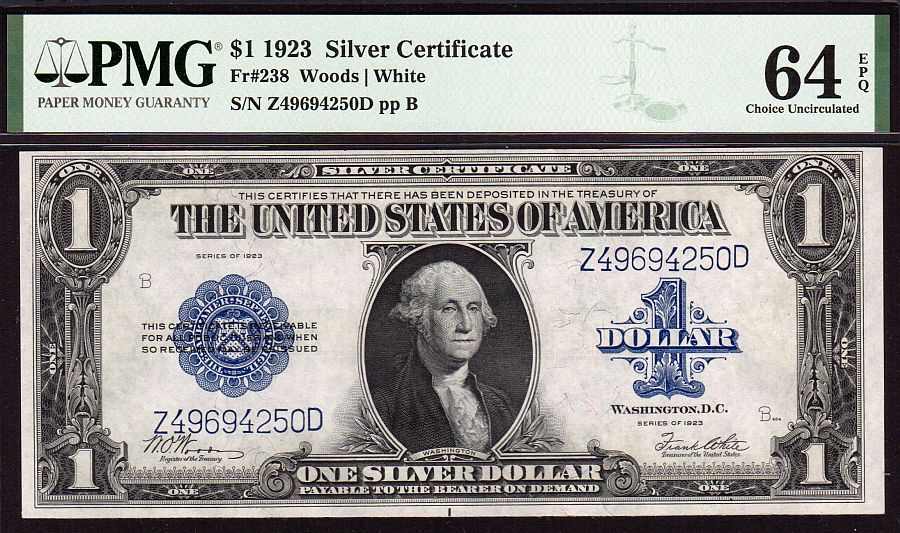 Fr.238, 1923 $1 Silver Certificate, Very Choice CU, PMG64-EPQ, Z49694250D